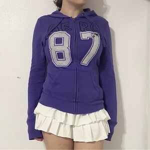 Purple and white aero 87 embroidery zip up jacket sweater top with rhinestones